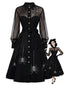 [Prévente] Robe noire pour Halloween patchwork résille transparente et motif toile d'araignée années 50
