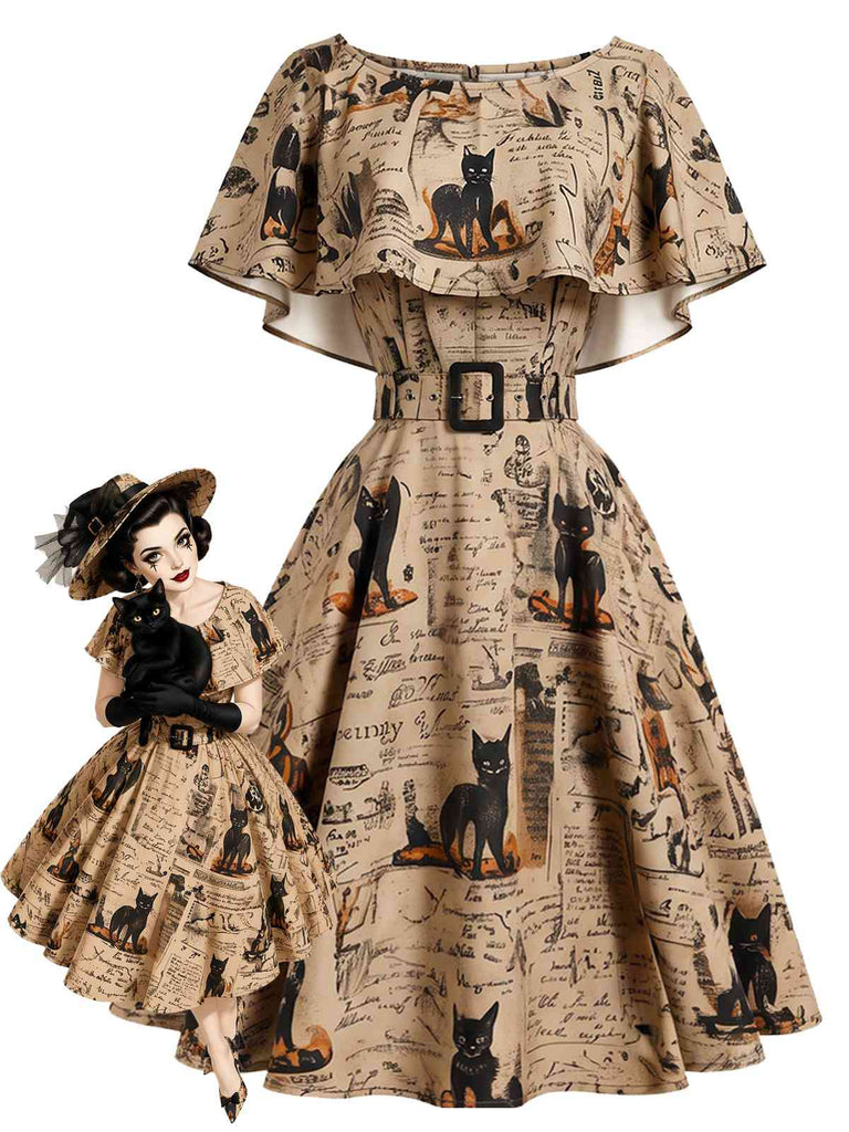 [Prévente] Robe kaki à imprimé journal et chat et ceinture années 1950
