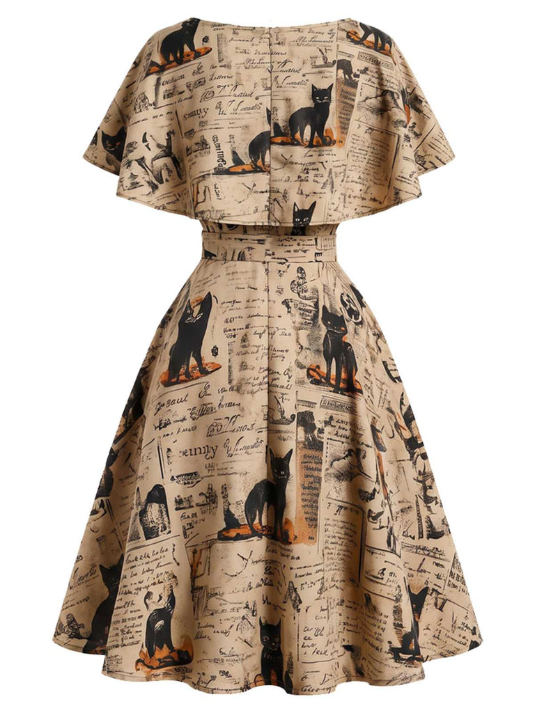 [Prévente] Robe kaki à imprimé journal et chat et ceinture années 1950