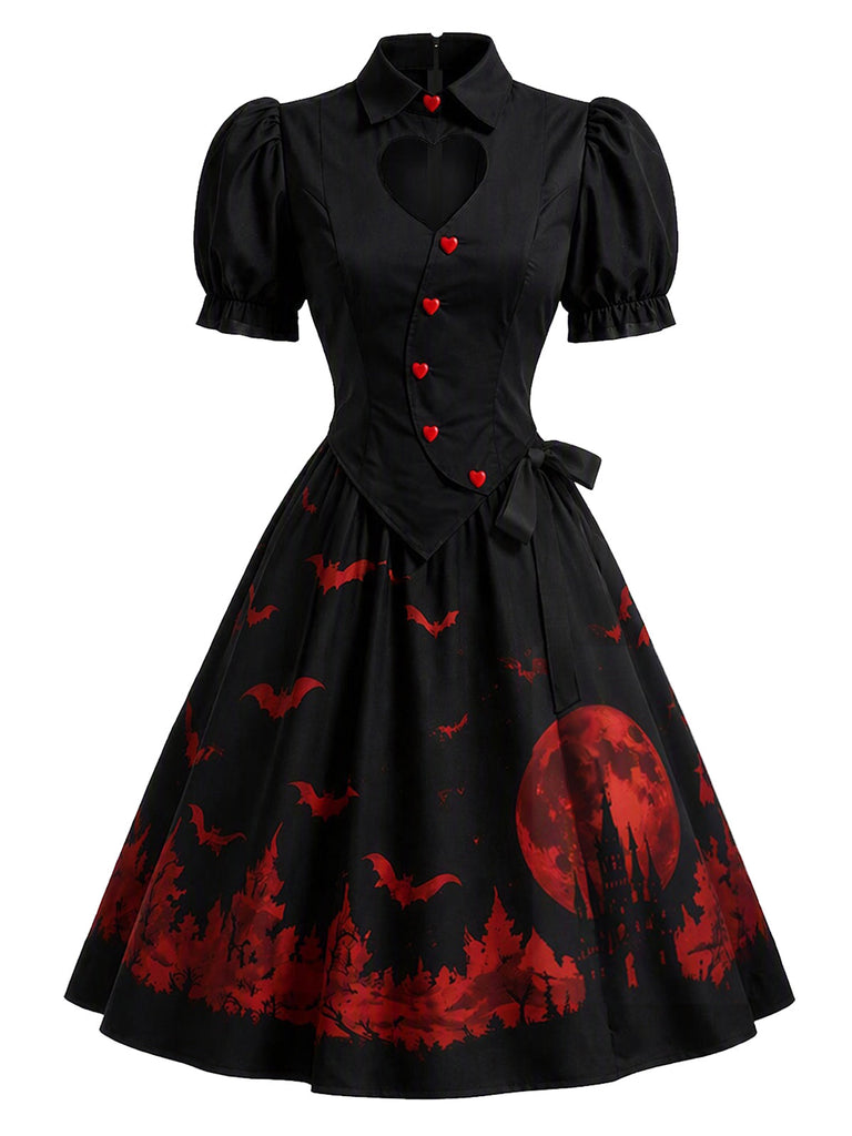 [Prévente] Robe noire évasée à imprimé lune et chauves-souris avec découpe cœur années 1950