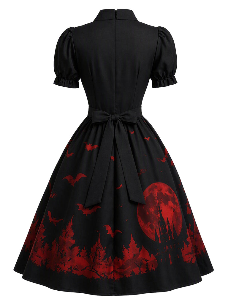 [Prévente] Robe noire évasée à imprimé lune et chauves-souris avec découpe cœur années 1950