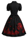[Prévente] Robe noire évasée à imprimé lune et chauves-souris avec découpe cœur années 1950