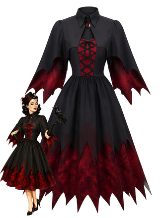 [Prévente] Robe vampire noire et rouge à ailes de chauve-souris et laçage années 1950
