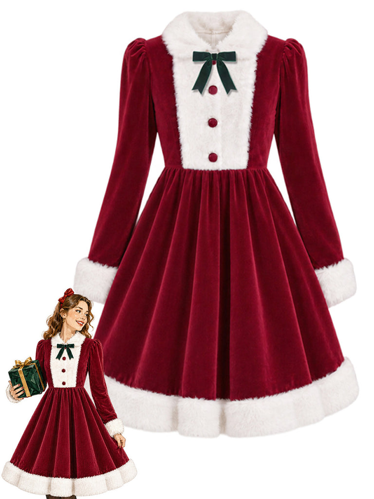 [Prévente] Robe rouge et blanche velours ornée d'un nœud et d'une bordure fourrure années 1950