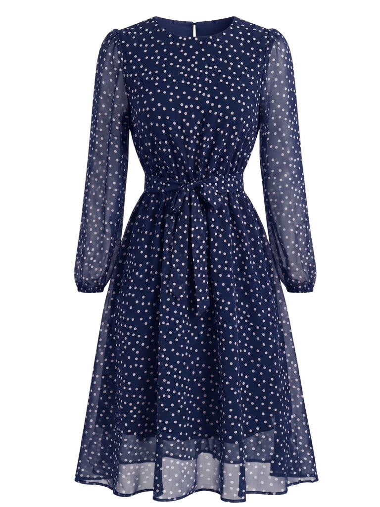Robe en mousseline à pois, col rond et ceinture années 1940 - 5