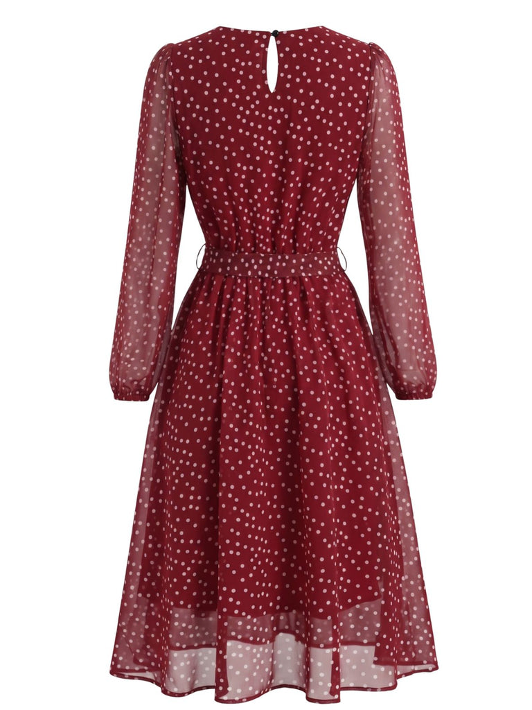 Robe en mousseline à pois, col rond et ceinture années 1940 - 3