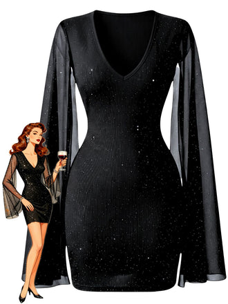 Robe-cape noire ajustée en mousseline à perles et col rond années 1960 - 1