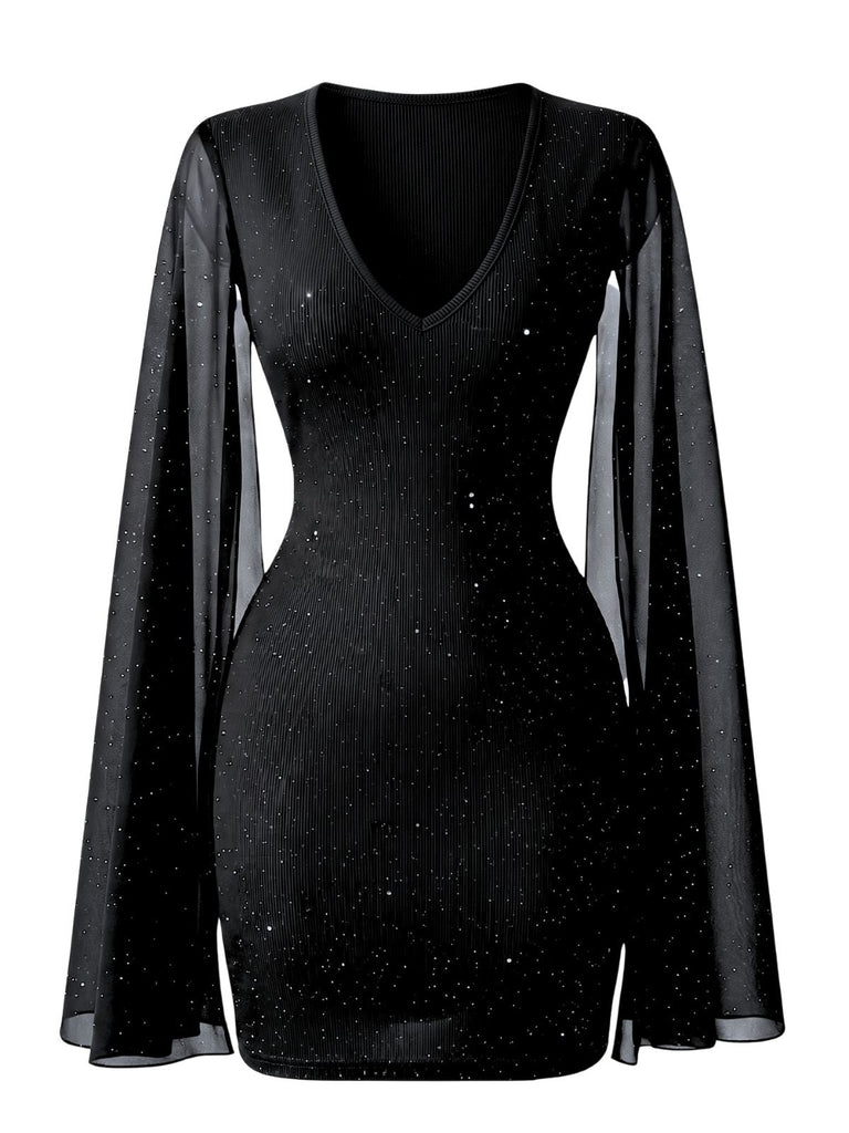 Robe-cape noire ajustée en mousseline à perles et col rond années 1960 - 2