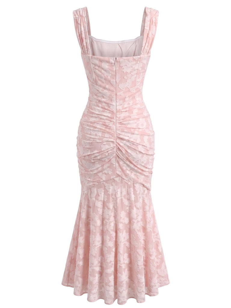 Robe sirène rose moulante à épaules dénudées et corset baleiné années 1930