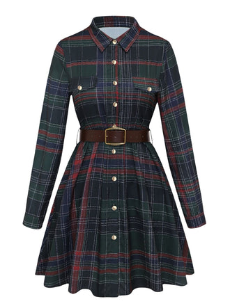 Robe chemise à carreaux, col à revers et ceinture Années 1970 - 1