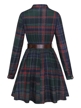 Robe chemise à carreaux, col à revers et ceinture Années 1970 - 2