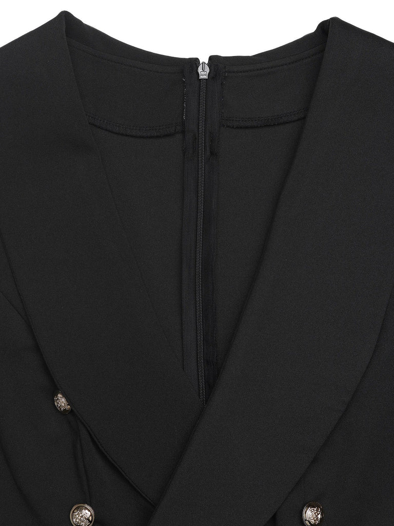 Combinaison noire à revers, double boutonnage, ceinture et fente devant années 1950