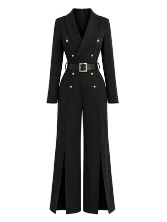 Combinaison noire à revers, double boutonnage, ceinture et fente devant années 1950