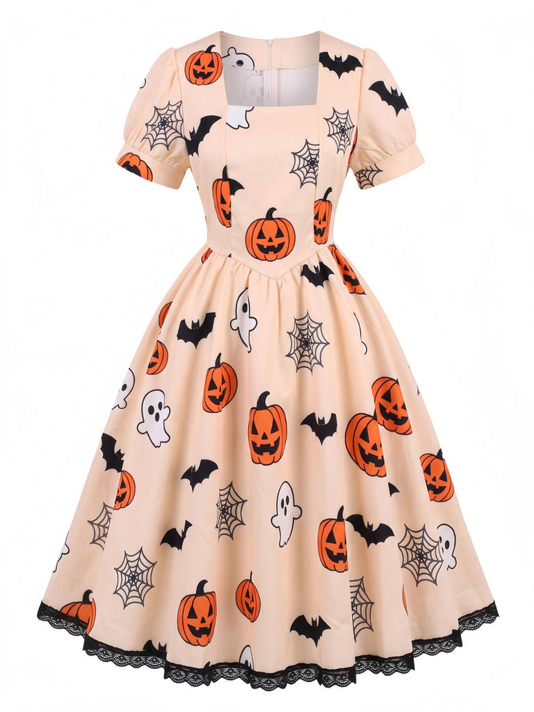 Robe d’Halloween beige à col carré et ourlet en dentelle années 1950