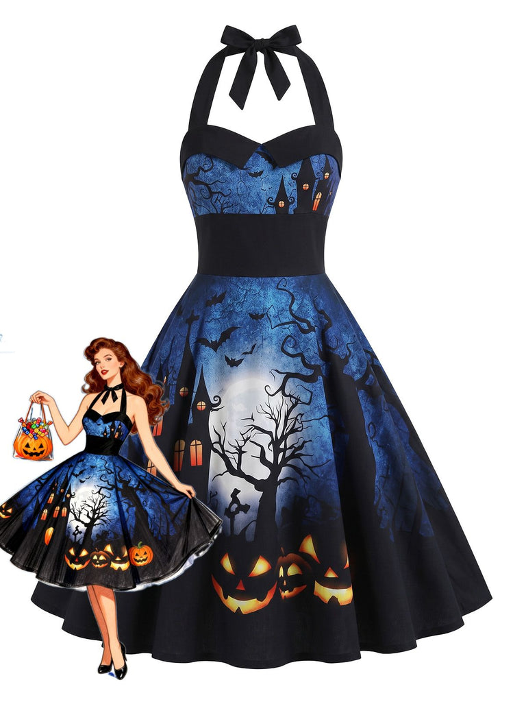 Robe d’Halloween évasée à imprimé citrouille et dos nu Halter années 1950