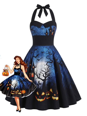 Robe d’Halloween évasée à imprimé citrouille et dos nu Halter années 1950