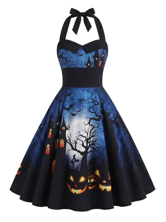 Robe d’Halloween évasée à imprimé citrouille et dos nu Halter années 1950