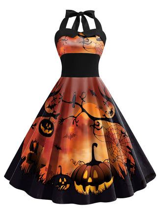 Robe d’Halloween évasée à imprimé citrouille et dos nu Halter années 1950