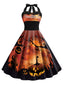 Robe d’Halloween orange évasée à imprimé citrouille Halter années 1950