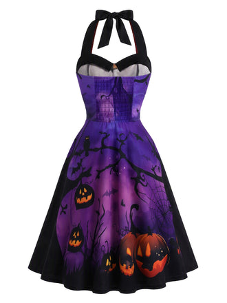 Robe d’Halloween évasée à imprimé citrouille et dos nu Halter années 1950