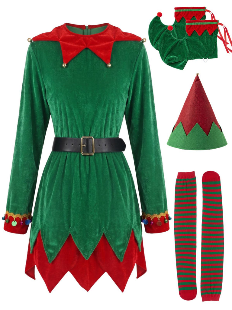 Ensemble costume de lutin de Noël vert en velours à grelots et ceinture Années 1940 - 1