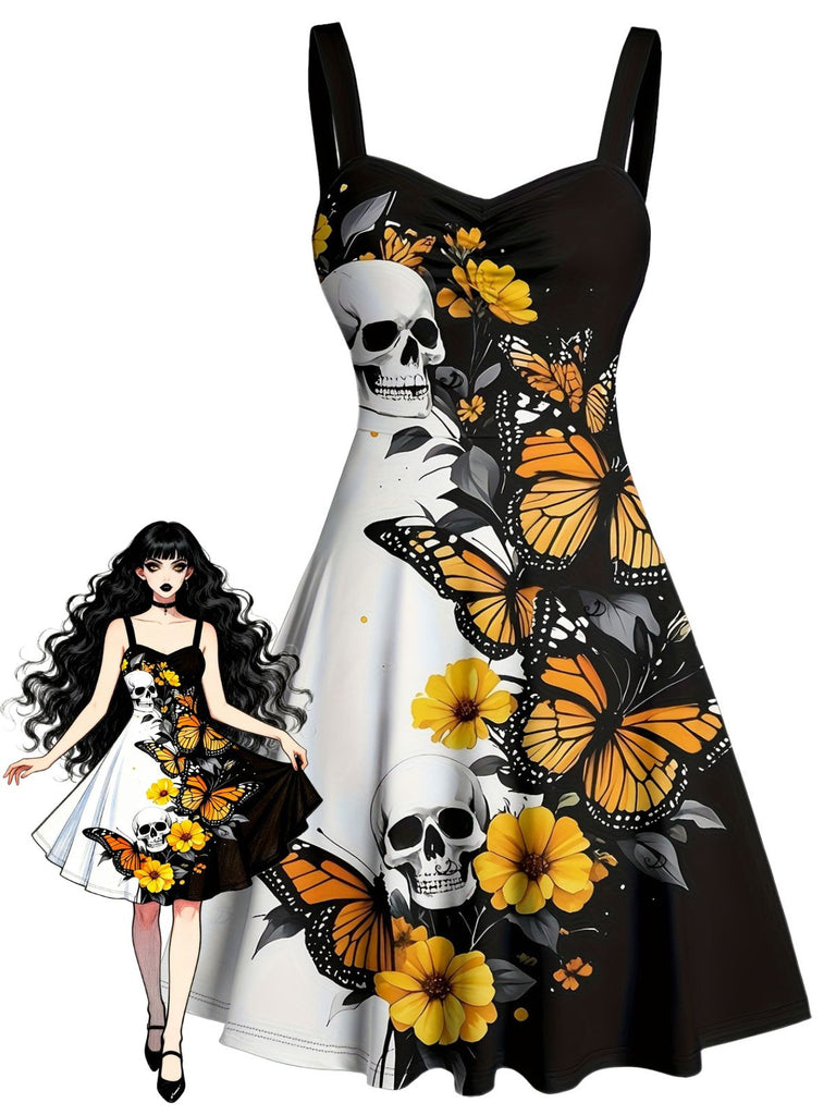 Robe contrastée à col cœur, tournesols, papillons et crânes années 1950