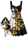 Robe contrastée à col cœur, tournesols, papillons et crânes années 1950