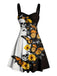 Robe contrastée à col cœur, tournesols, papillons et crânes années 1950