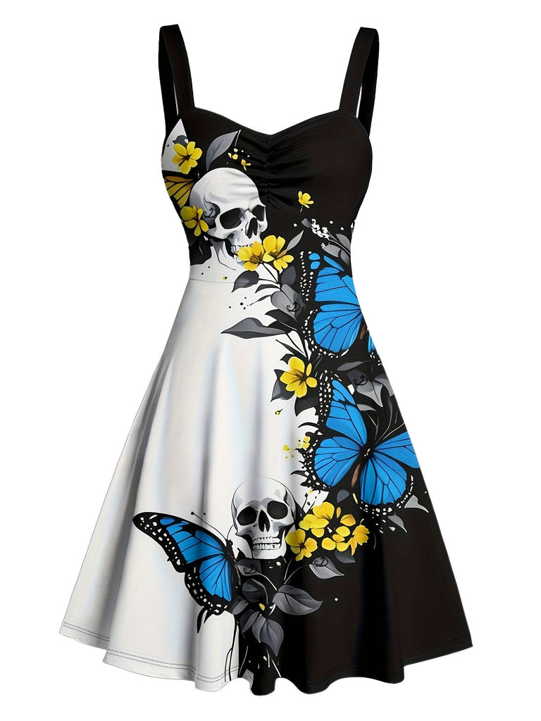 Robe contrastée à col cœur, tournesols, papillons et crânes années 1950
