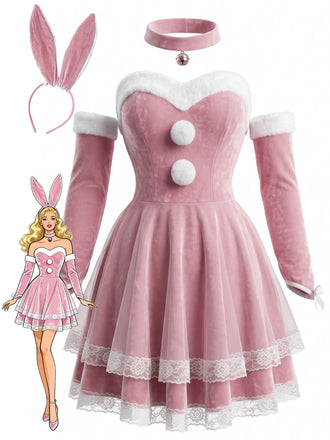 Ensemble déguisement de lapin rose, robe bustier en velours et fourrure années 1950 - 1