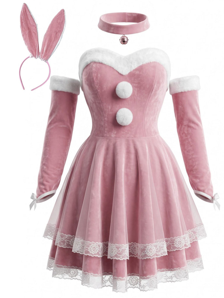 Ensemble déguisement de lapin rose, robe bustier en velours et fourrure années 1950 - 2