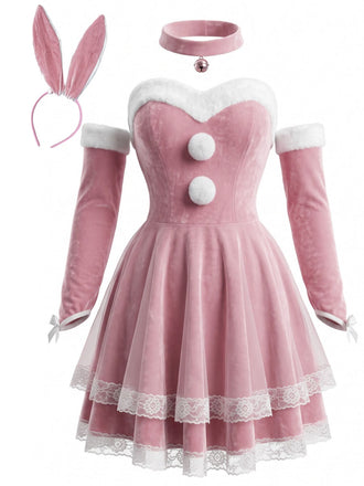 Ensemble déguisement de lapin rose, robe bustier en velours et fourrure années 1950 - 2