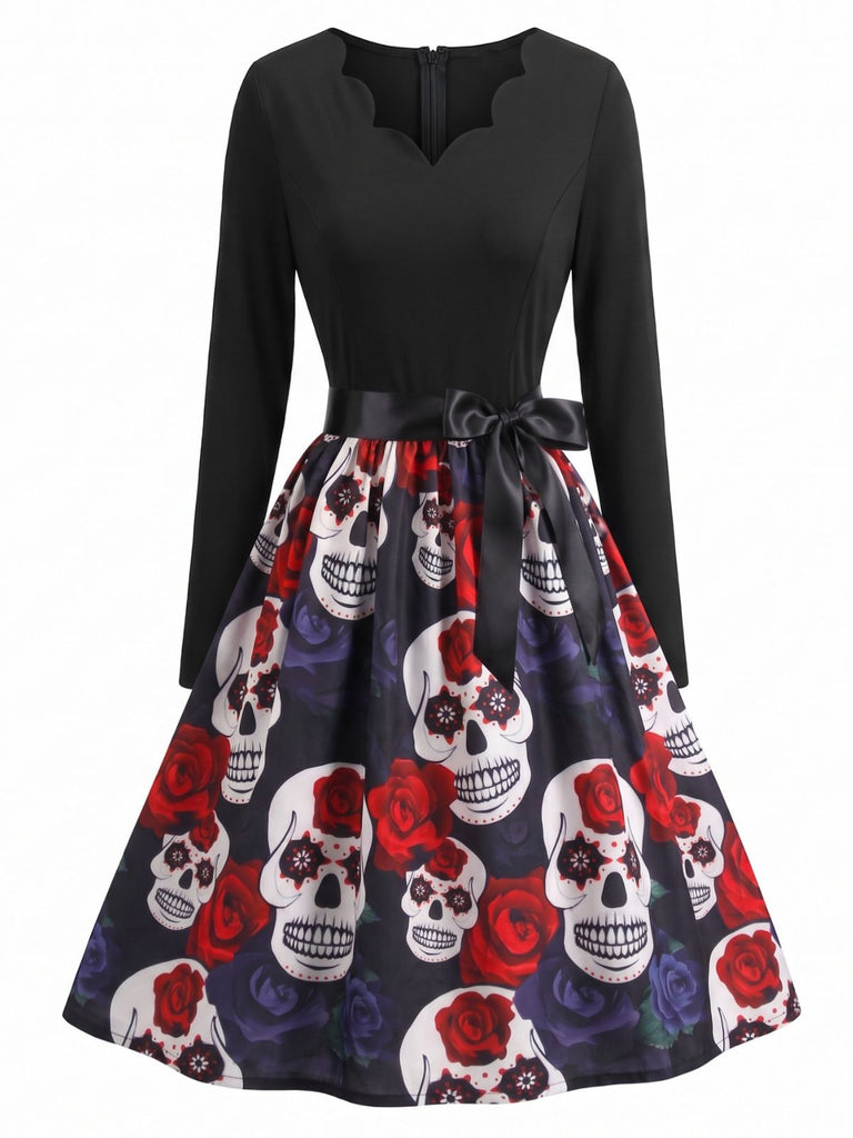 Robe évasée d’Halloween à imprimé et col pétale avec ceinture années 1950