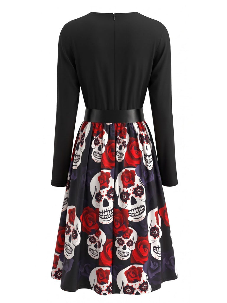 Robe évasée d’Halloween à imprimé et col pétale avec ceinture années 1950