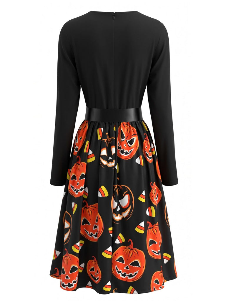 Robe évasée d’Halloween à imprimé et col pétale avec ceinture années 1950