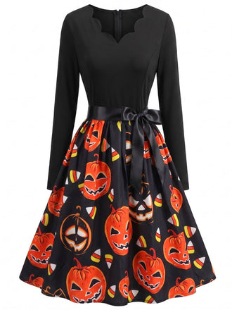 Robe évasée d’Halloween à imprimé et col pétale avec ceinture années 1950