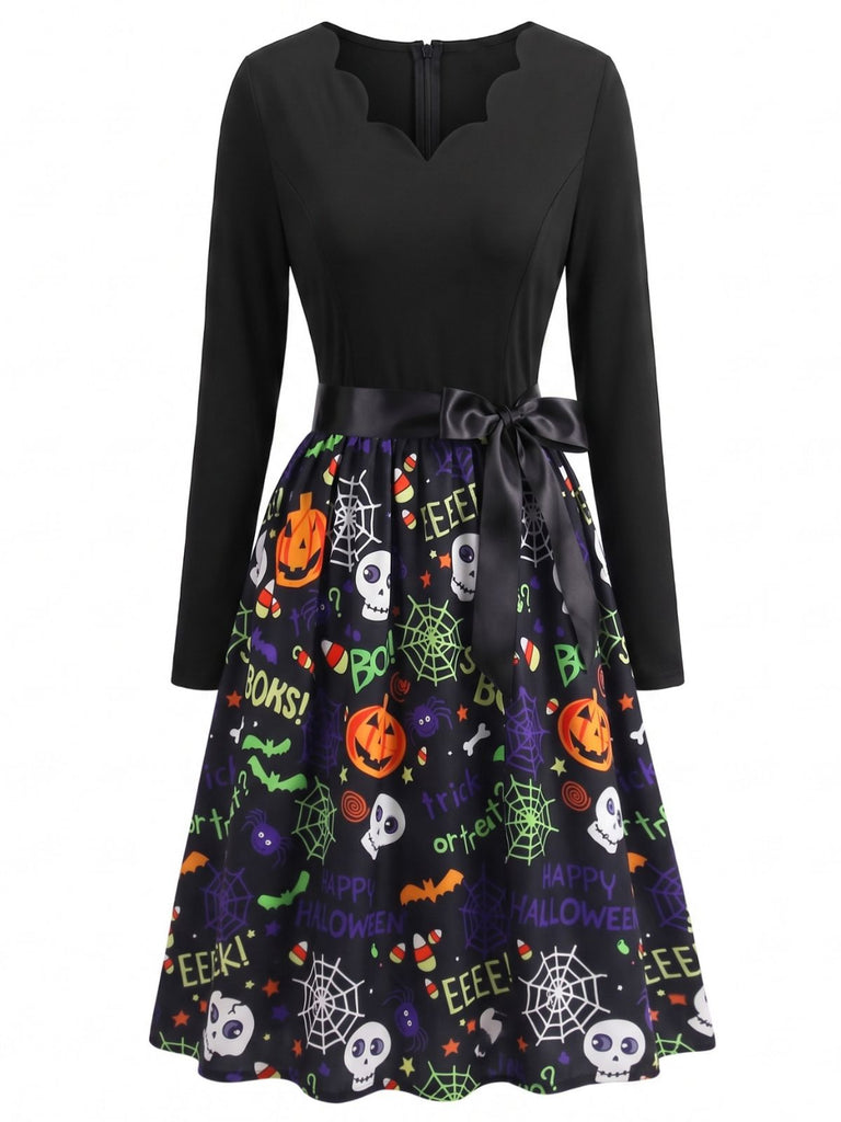 Robe évasée d’Halloween à imprimé et col pétale avec ceinture années 1950