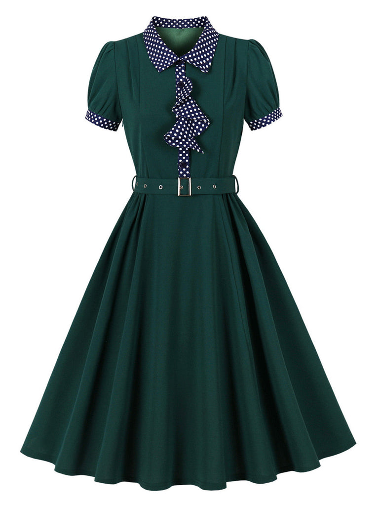 Robe évasée verte à pois, col, manches bouffantes et ceinture années 1950 - 1