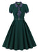 Robe évasée verte à pois, col, manches bouffantes et ceinture années 1950 - 1