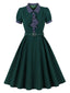 Robe évasée verte à pois manches bouffantes et ceinture années 1950