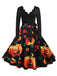 Robe évasée d’Halloween à citrouilles, col pétale et manches longues années 1950