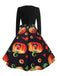 Robe évasée d’Halloween à citrouilles, col pétale et manches longues années 1950