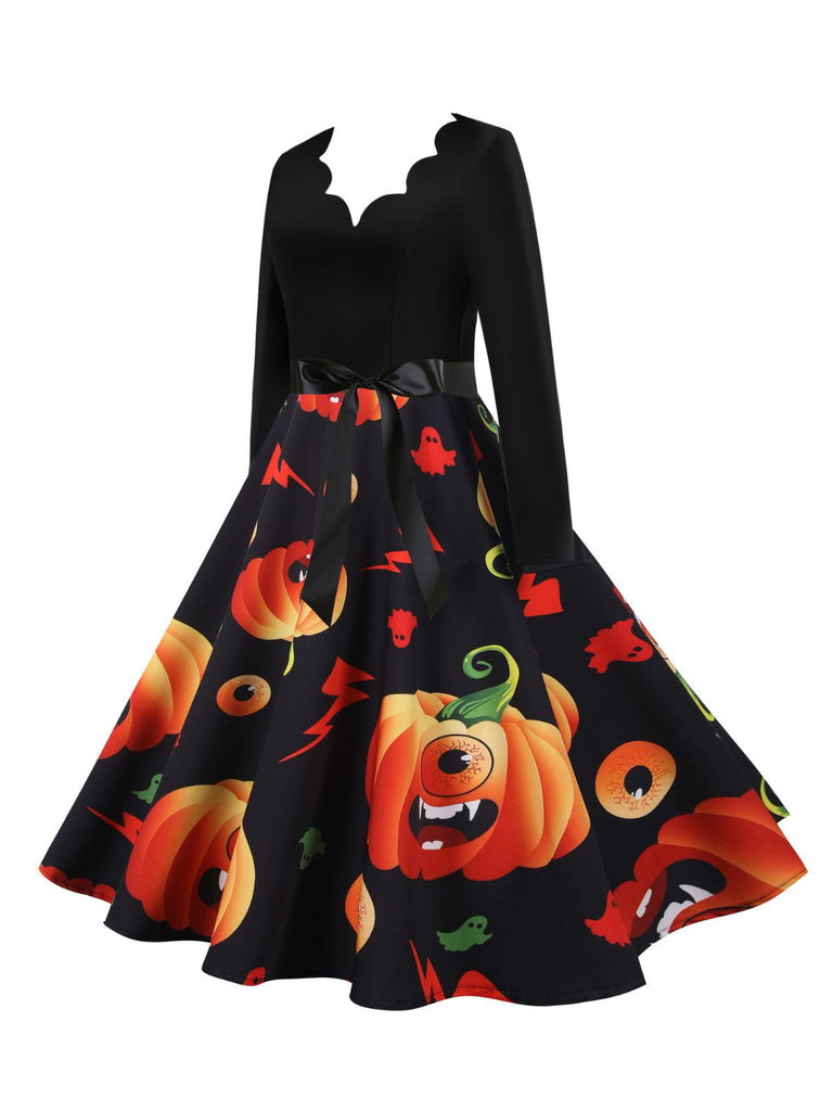 Robe évasée d’Halloween à citrouilles, col pétale et manches longues années 1950