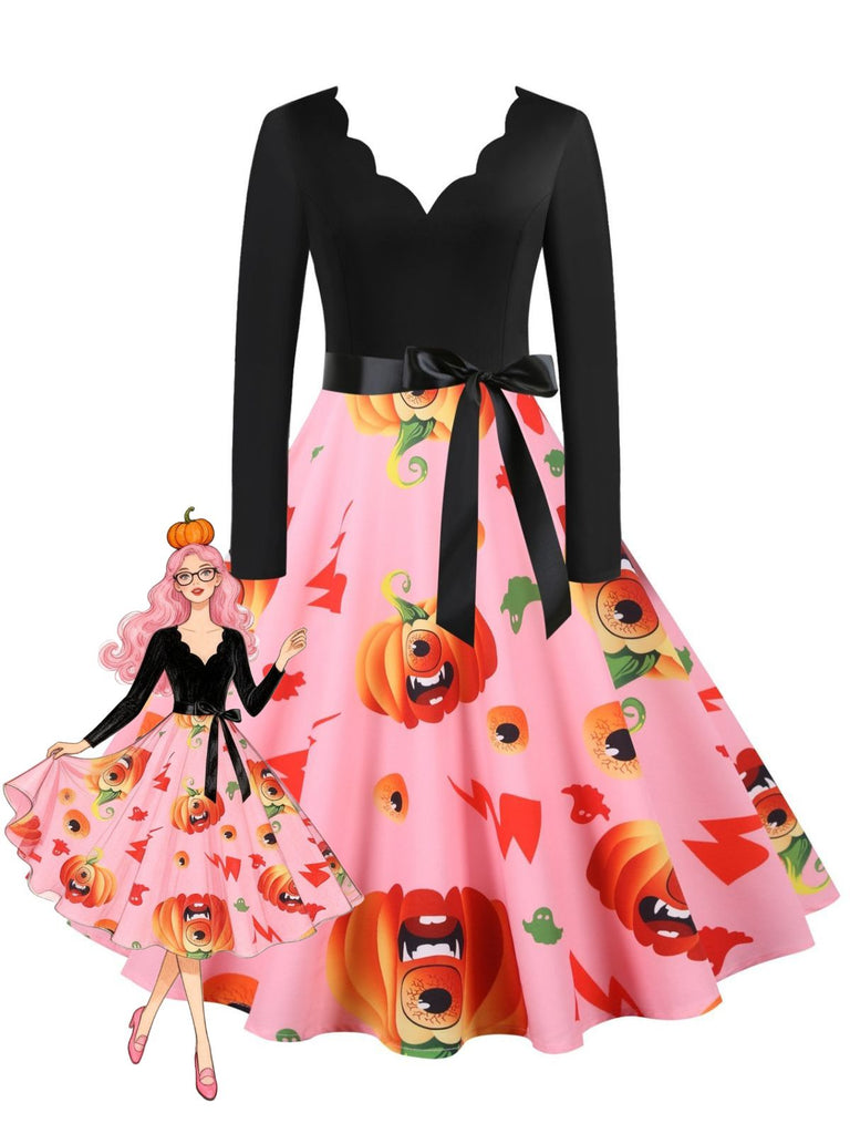 Robe évasée d’Halloween à citrouilles, col pétale et manches longues années 1950