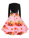 Robe évasée d’Halloween à citrouilles, col pétale et manches longues années 1950