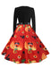 Robe évasée d’Halloween à citrouilles, col pétale et manches longues années 1950