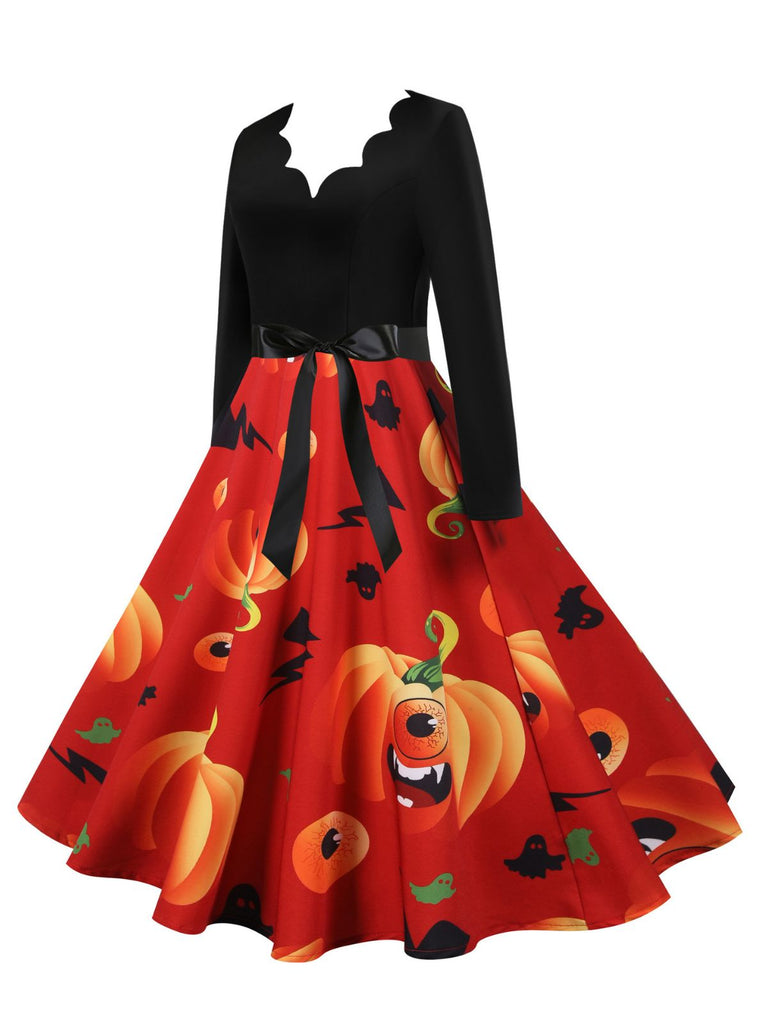 Robe évasée d’Halloween à citrouilles, col pétale et manches longues années 1950