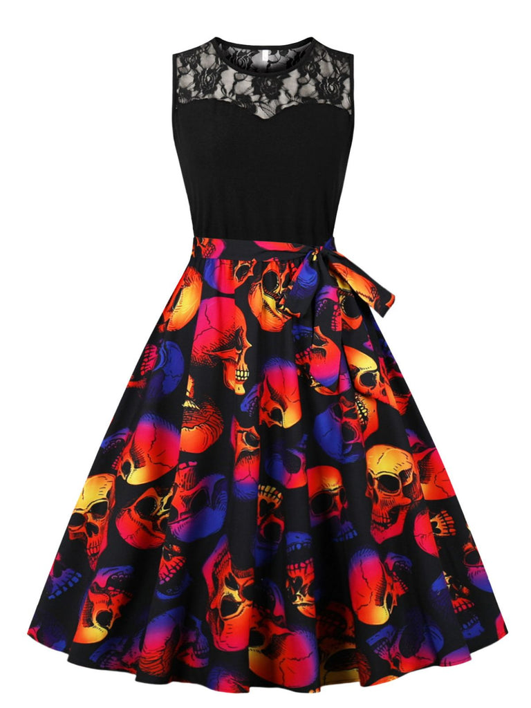 Robe contrastée d’Halloween en dentelle, sans manches et ceinturée années 1950