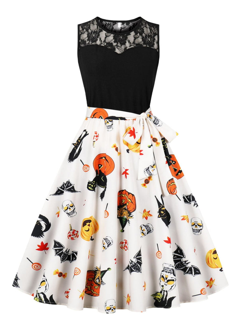 Robe contrastée d’Halloween en dentelle, sans manches et ceinturée années 1950