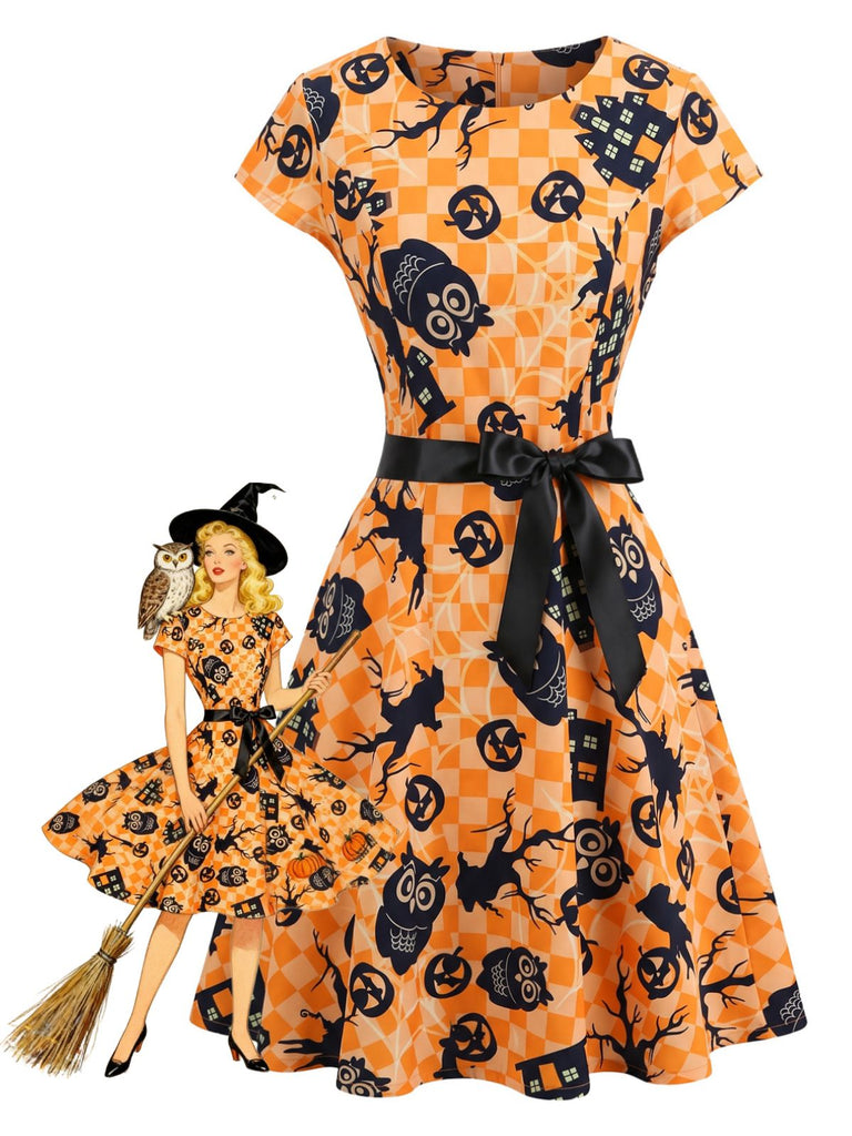 Robe évasée d’Halloween à citrouilles et hiboux avec ceinture années 1950